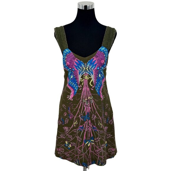 RARE VTG Free People Green Butterfly Mini Dress 10| Whimsigoth Boho Fairy Grunge - Picture 2 of 16